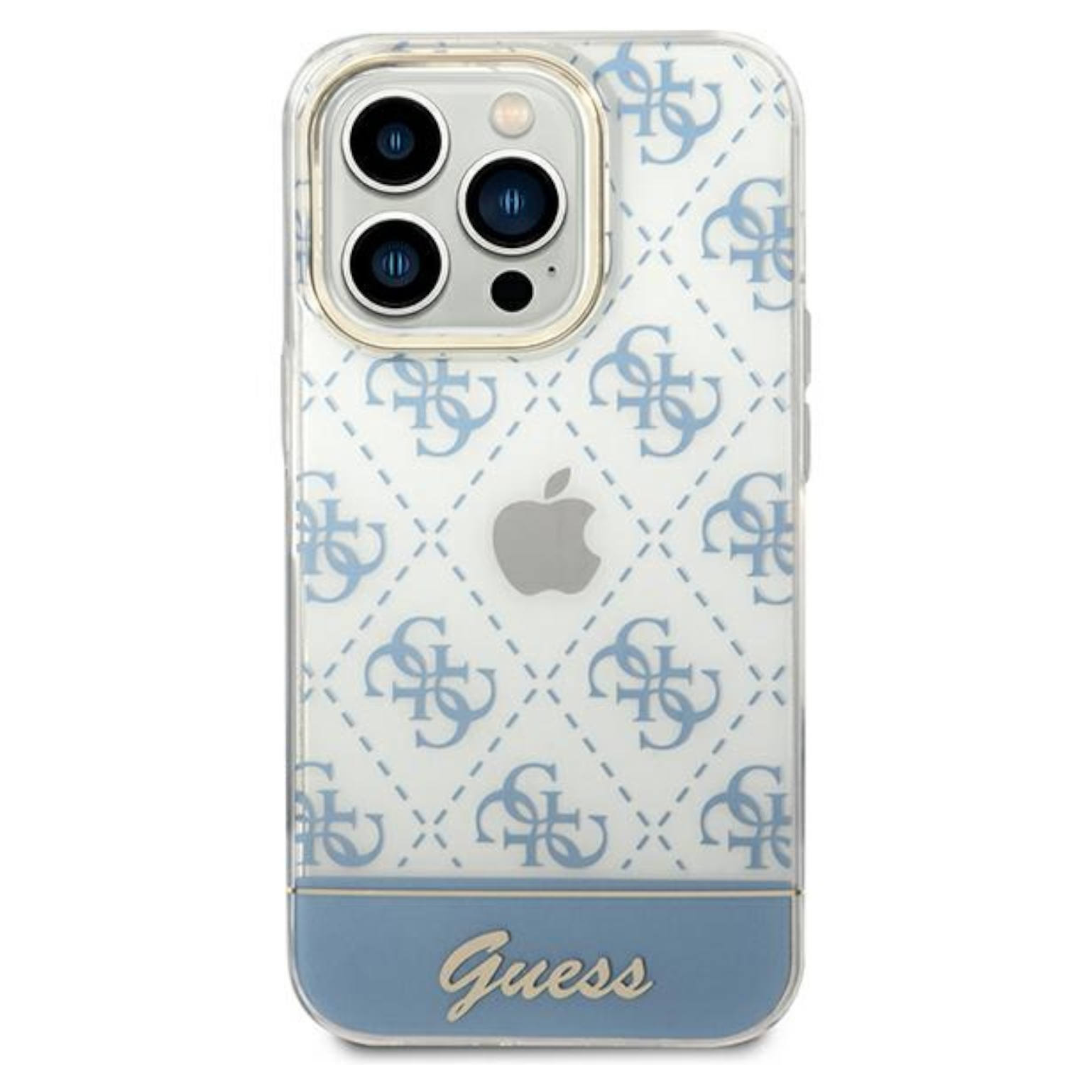 Custodia per telefono con motivo bianco e blu e logo Guess.