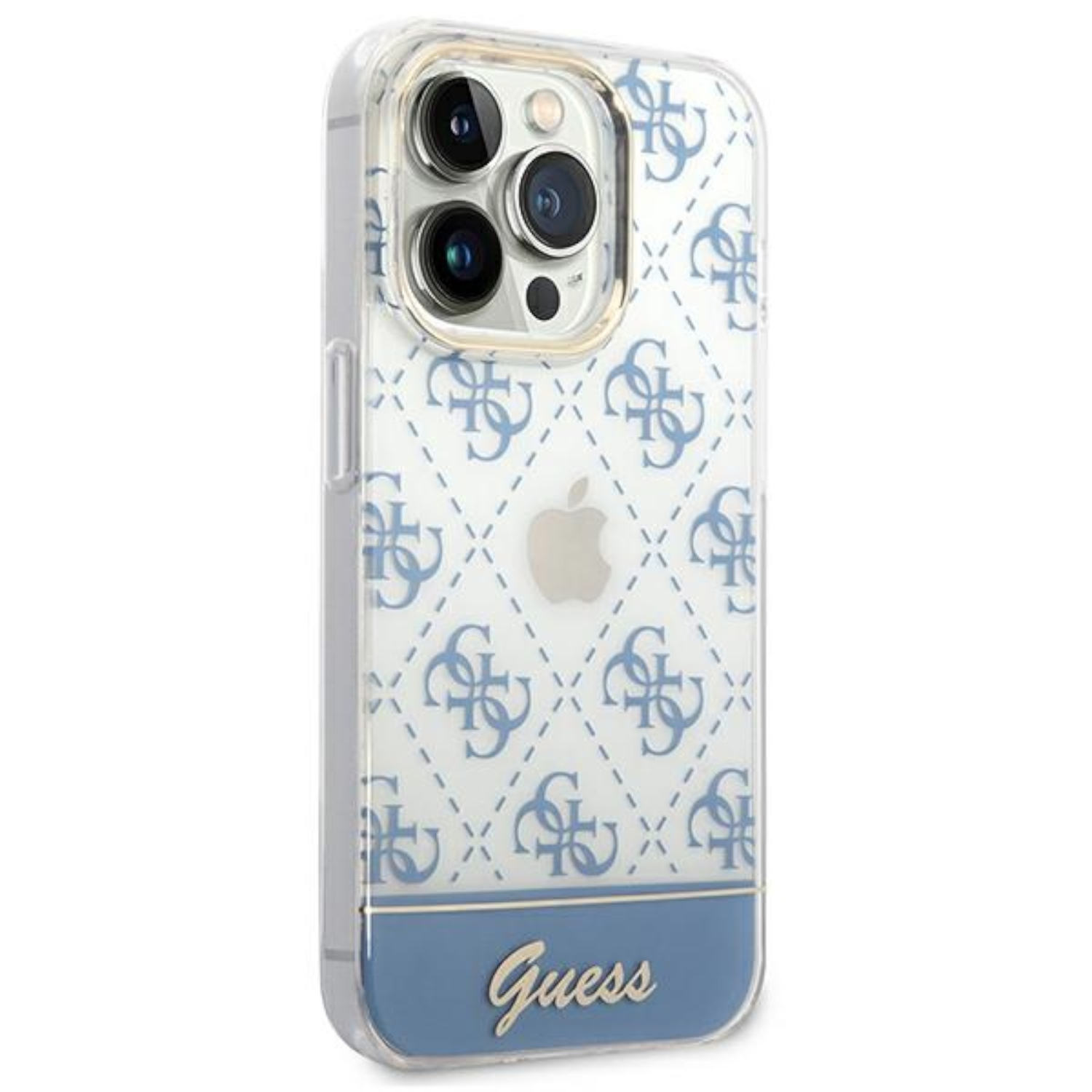 Telefono con custodia blu con motivo G. Logo Apple visibile. Design blu chiaro e bianco. Logo Guess.