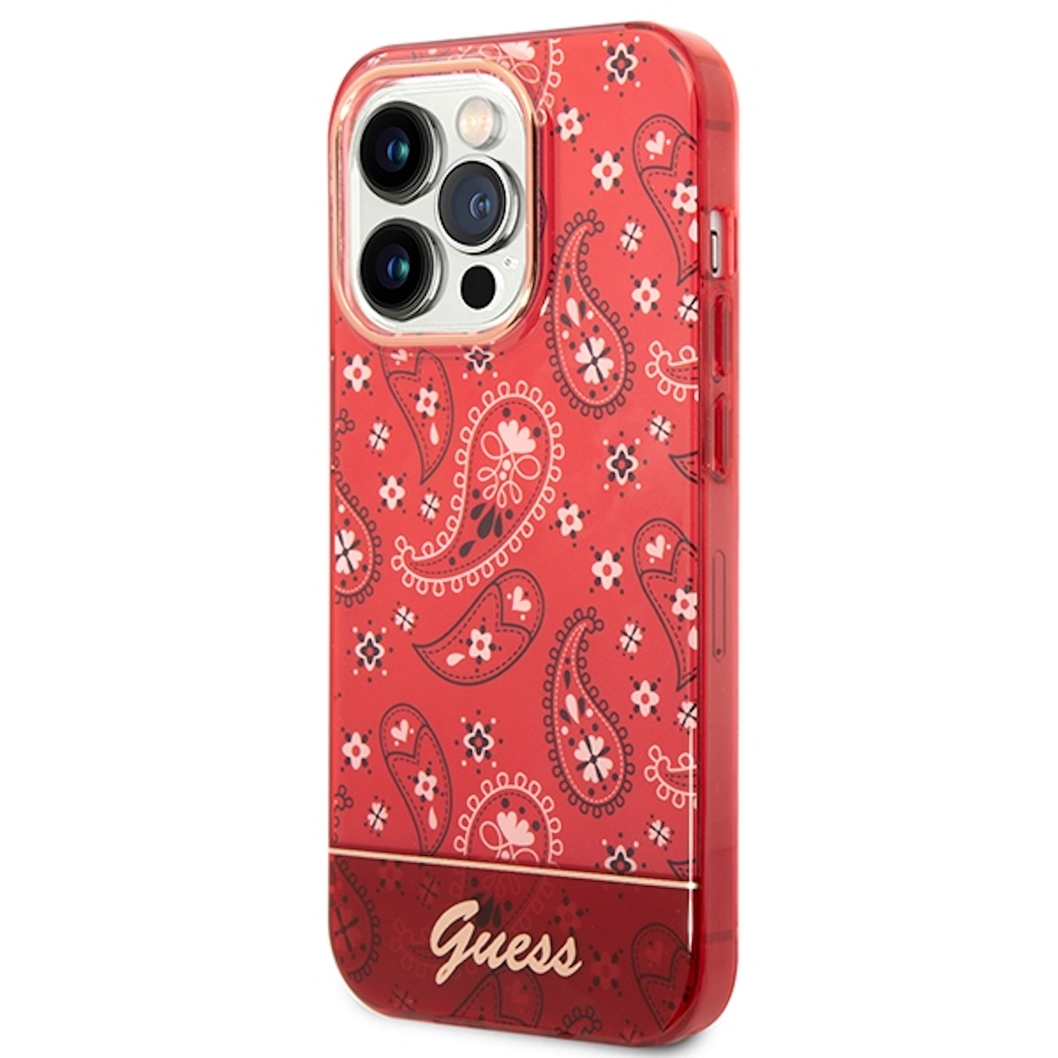Custodia rossa con motivo paisley. Bordo rosso scuro e logo Guess. Fiori e cuori sulla custodia.