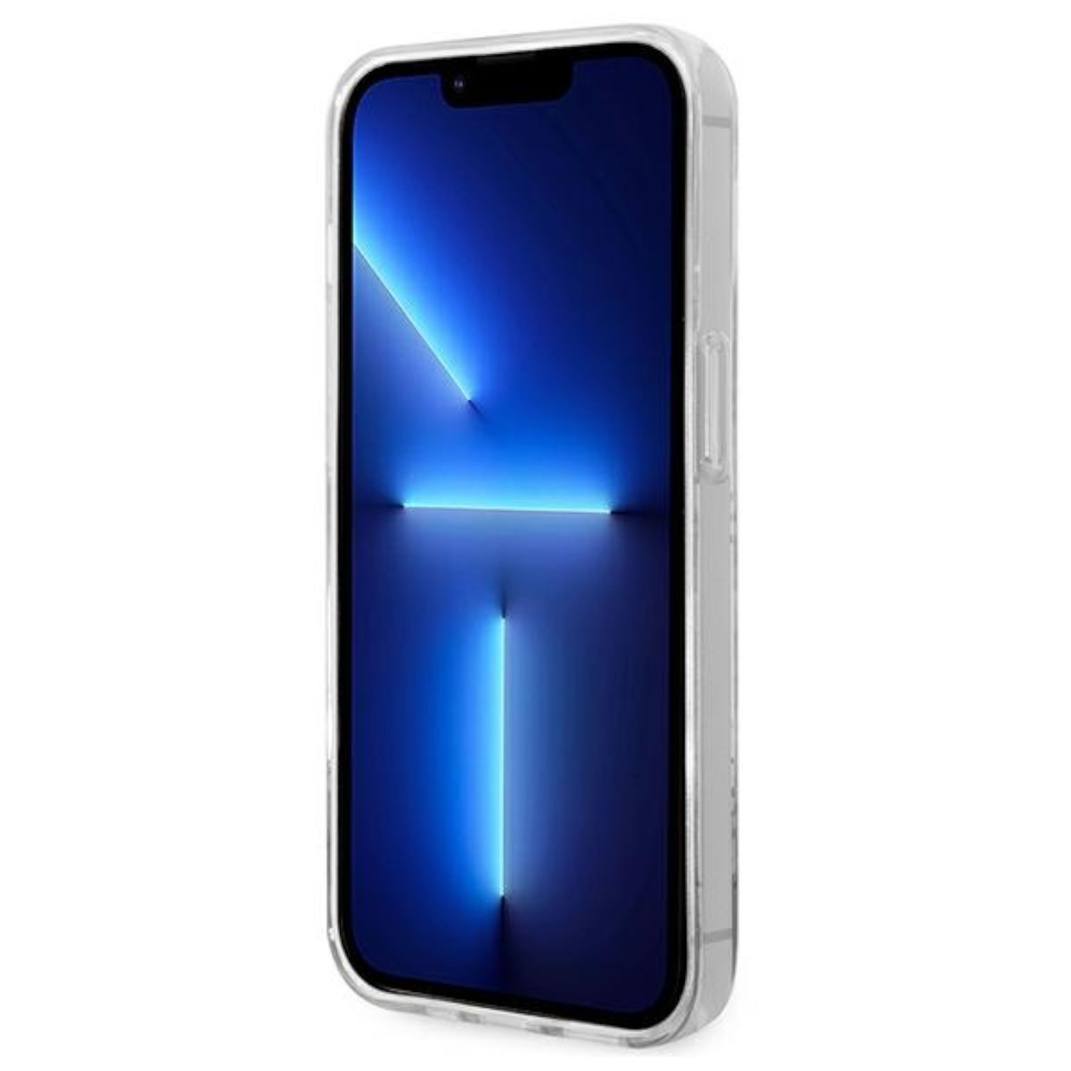 Telefono in custodia trasparente. Lo schermo è acceso con un display a luce blu. La custodia trasparente è visibile.