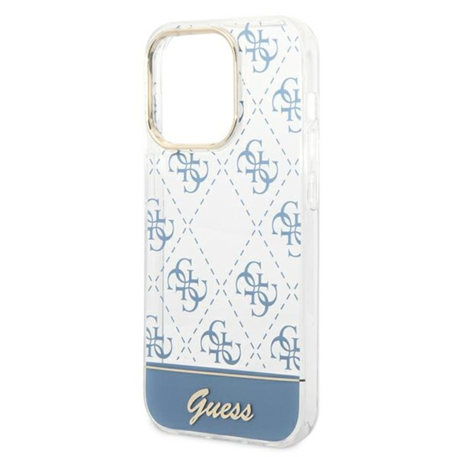 Telefono con custodia blu con motivo G. Logo Guess in basso. Design blu e bianco sulla custodia.