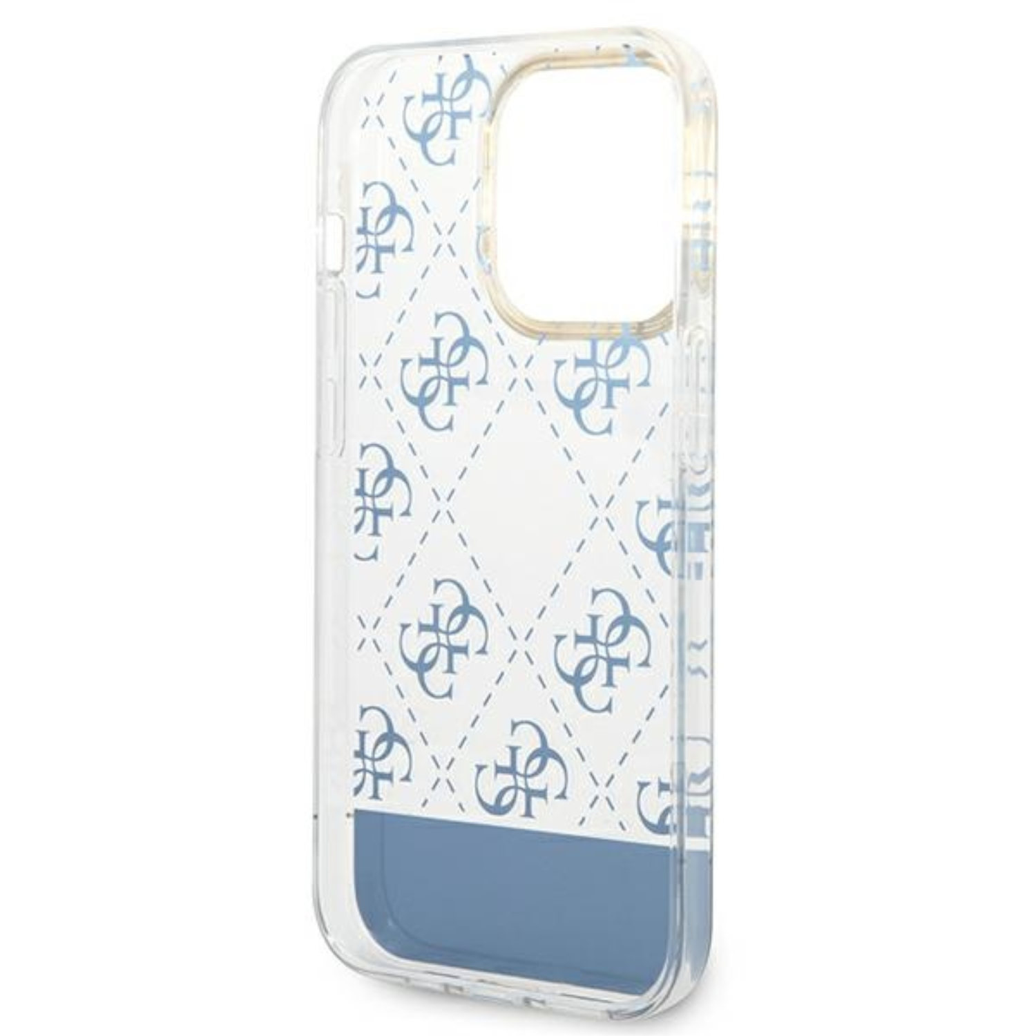 Telefono con custodia blu con motivo G. Design blu e bianco. Logo Guess in basso. Logo Apple visibile.