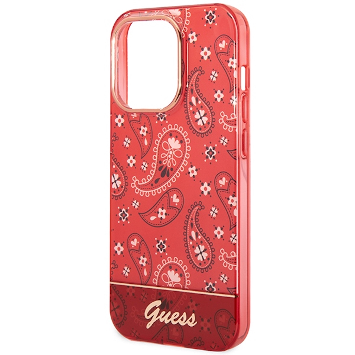 Custodia per telefono rossa con design paisley. La custodia è rossa con un motivo paisley e un logo Guess.