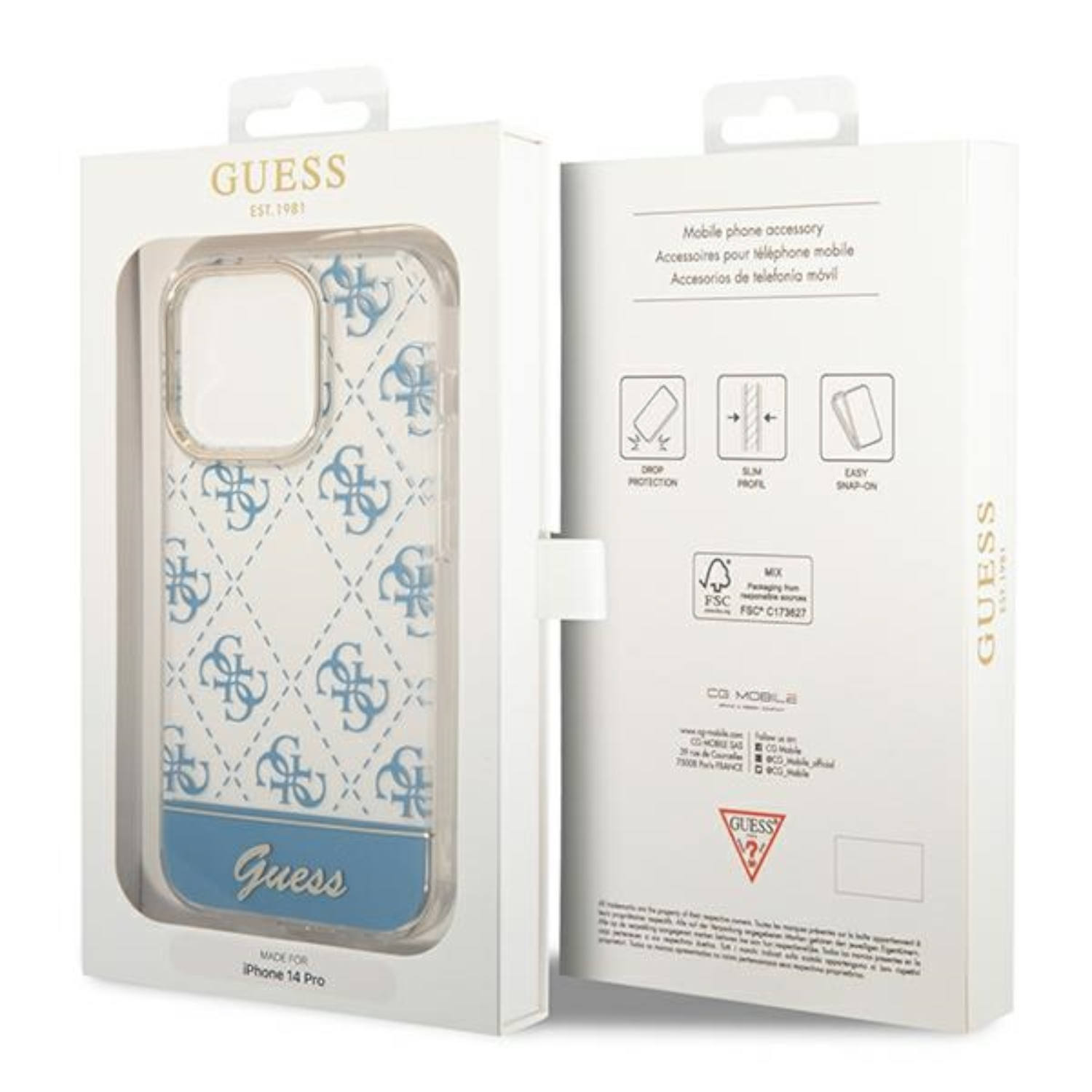 Custodia per telefono in scatola, con motivo G blu. Logo Guess visibile. Scatola bianca con testo e logo.