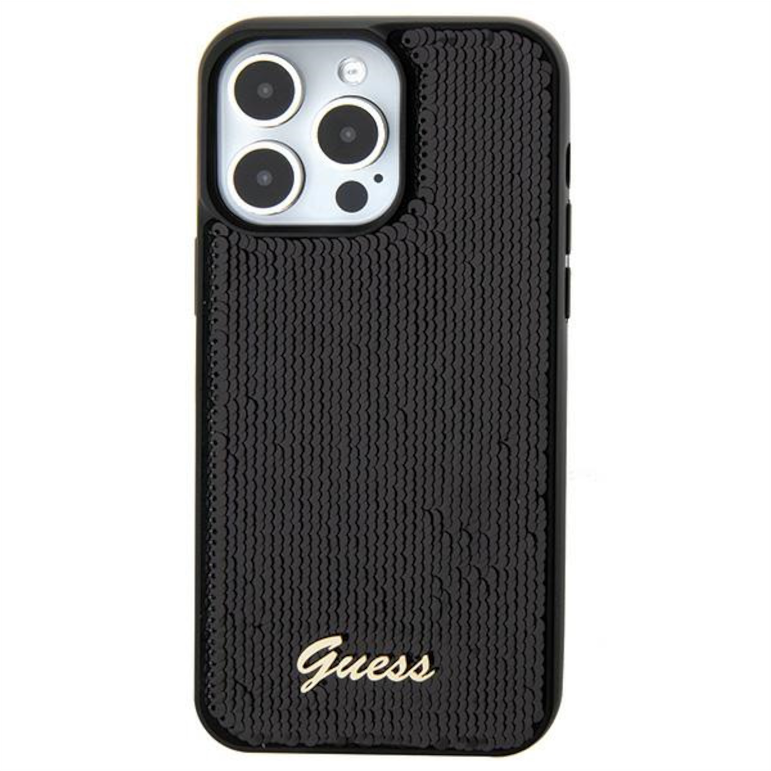 Custodia nera con paillettes e logo Guess.