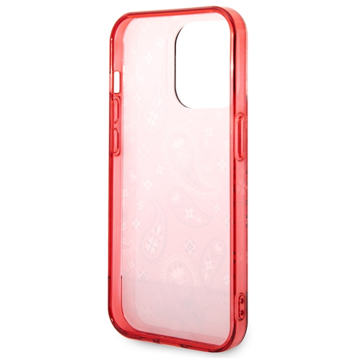Custodia rossa per telefono con design trasparente e motivo paisley.