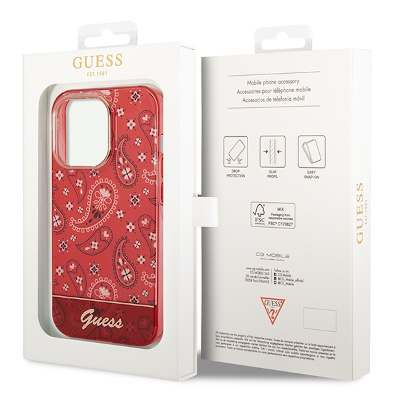 Custodia per telefono paisley rossa in una scatola bianca. La scatola è aperta e mostra la custodia. Il logo Guess è visibile.
