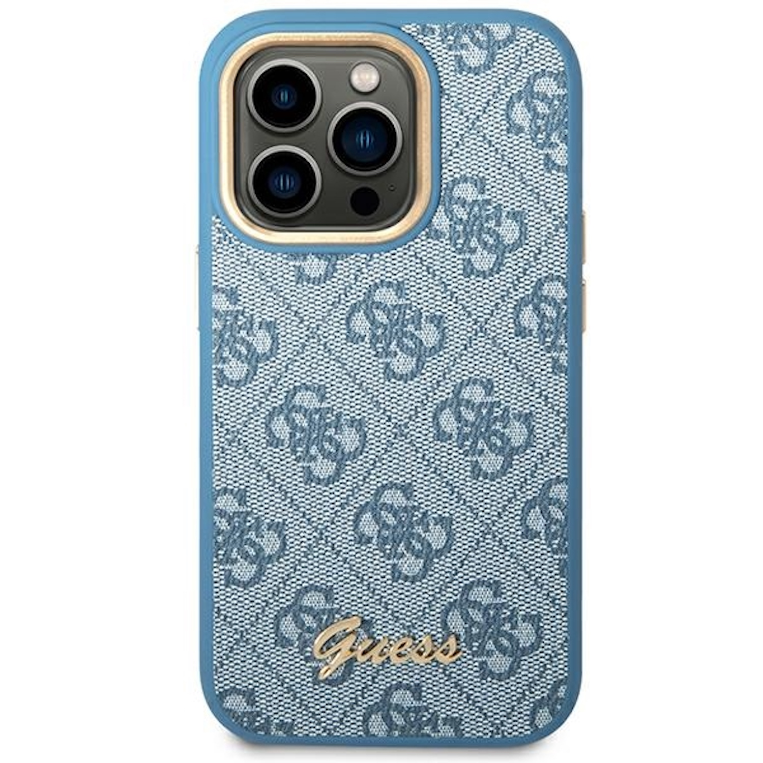 Custodia per telefono blu fantasia con bordo dorato e logo Guess. Sfondo bianco.