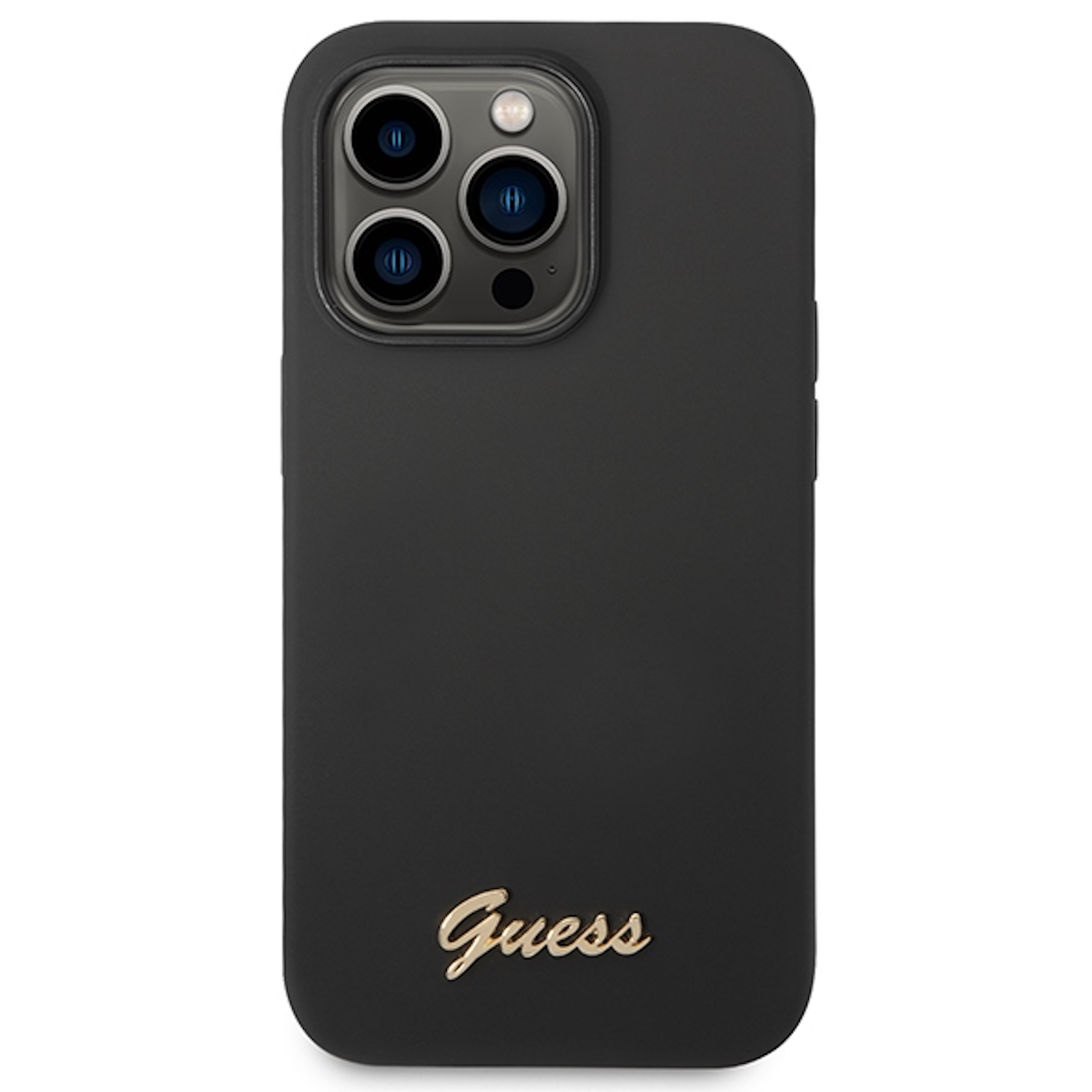 Custodia nera con scritta dorata 'Guess'. Fotocamere del telefono visibili. Sfondo bianco.