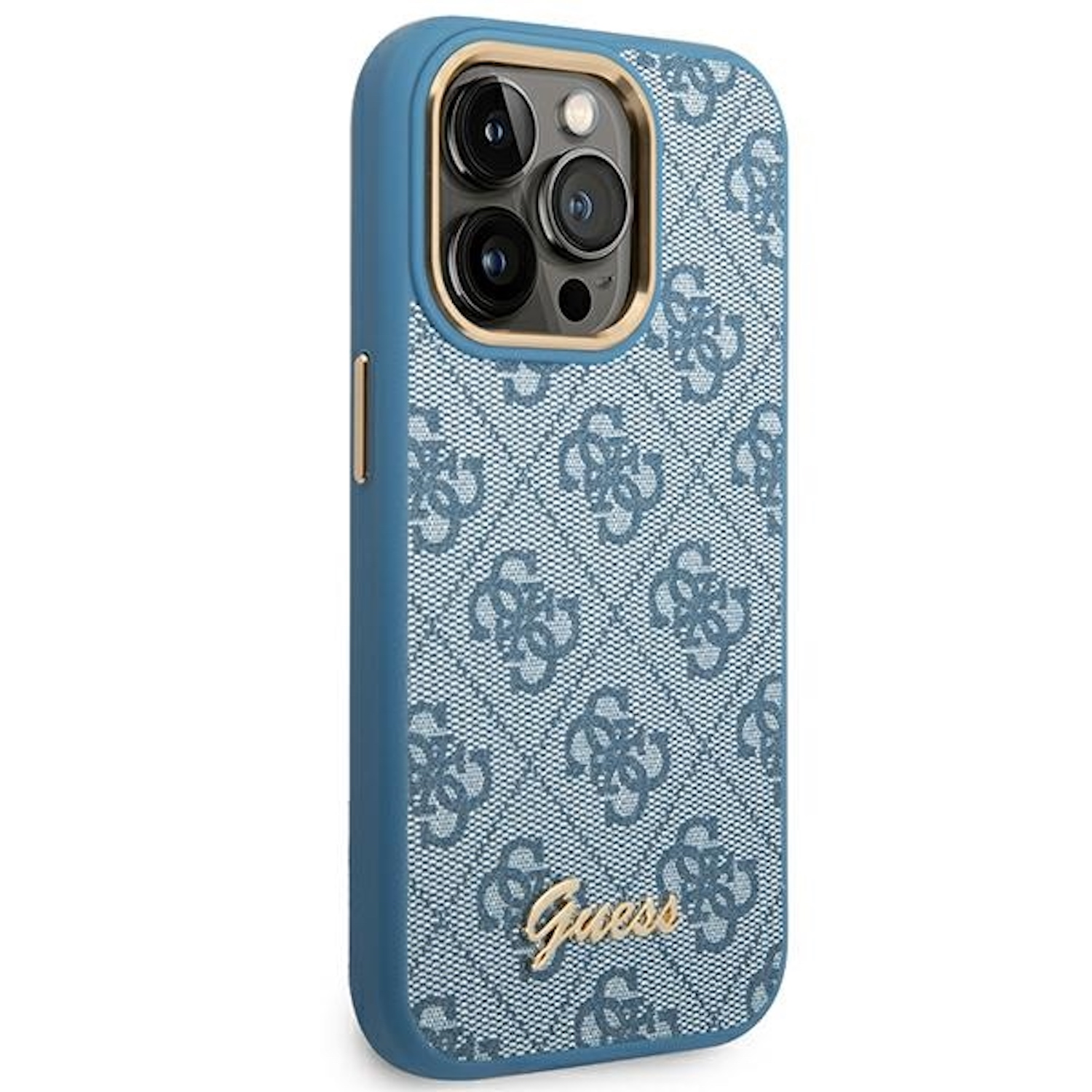 Custodia blu fantasia con bordo dorato e scritta 'Guess'. Sfondo bianco.