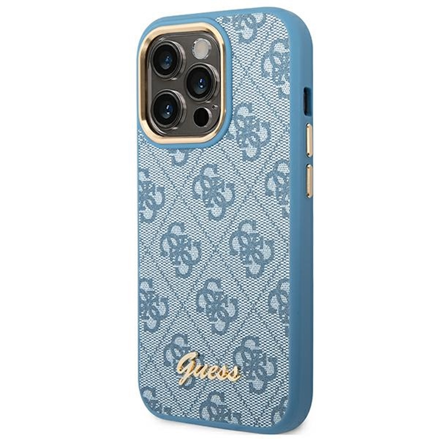 Custodia per telefono blu con motivo floreale e marchio GUESS. Caratterizzata da una cornice dorata.