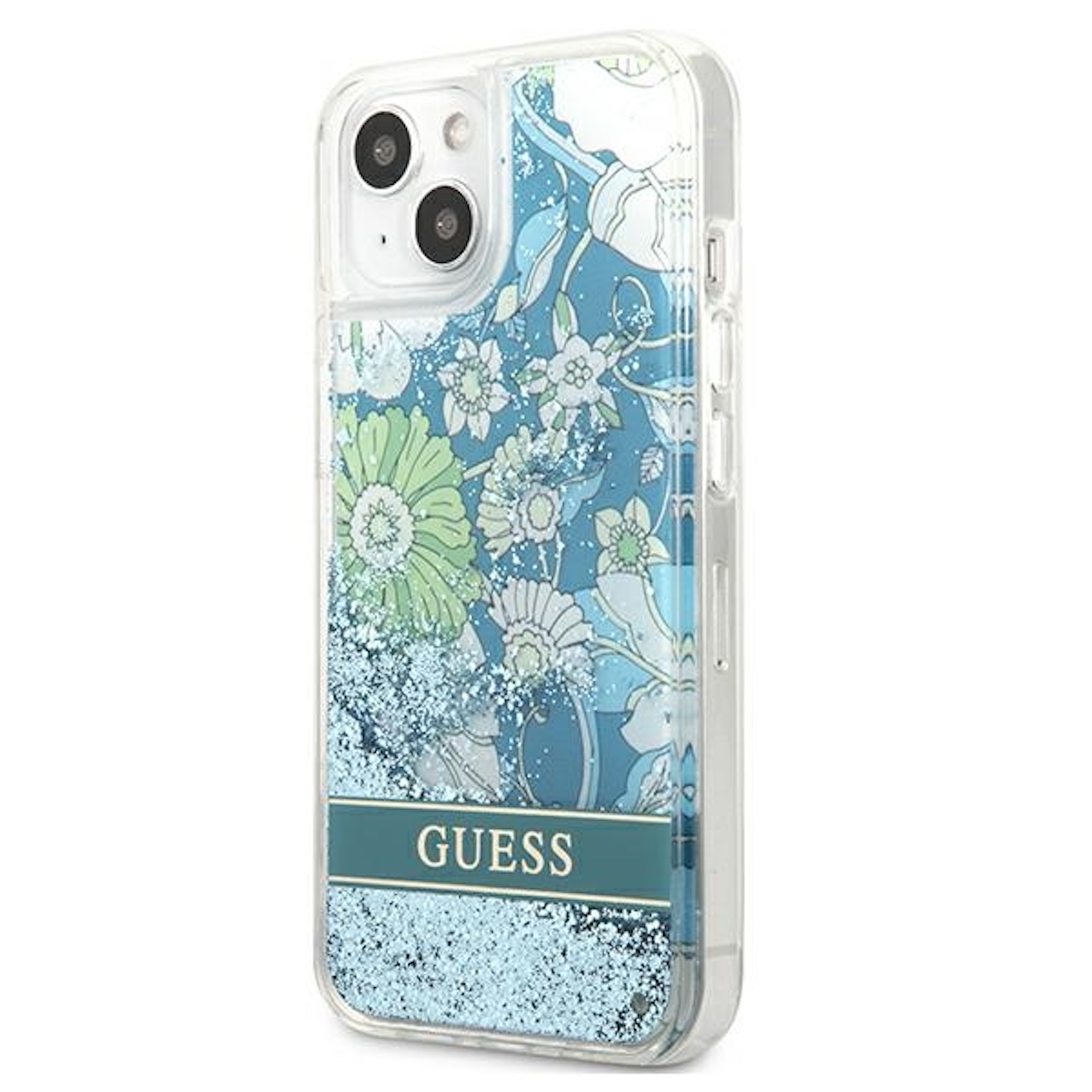 Custodia trasparente con design floreale e scritta 'Guess'. Sfondo bianco.