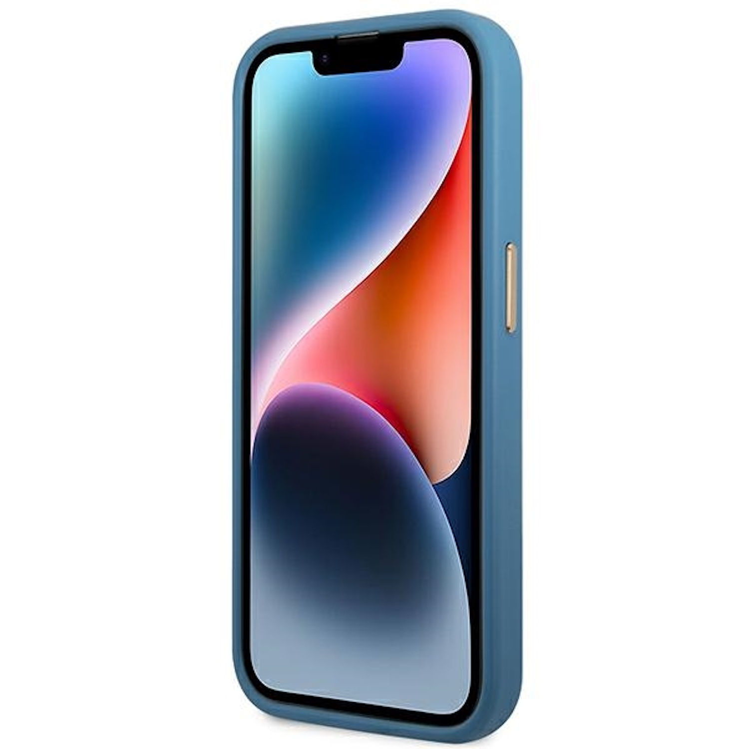 Telefono con custodia blu, che mostra uno sfondo astratto colorato. Sfondo bianco.
