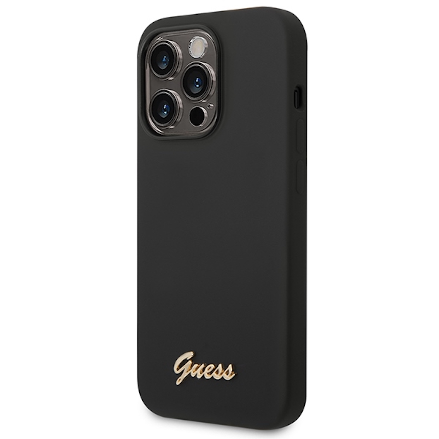 Custodia nera per telefono con logo Guess dorato e lenti della fotocamera. Sfondo bianco.