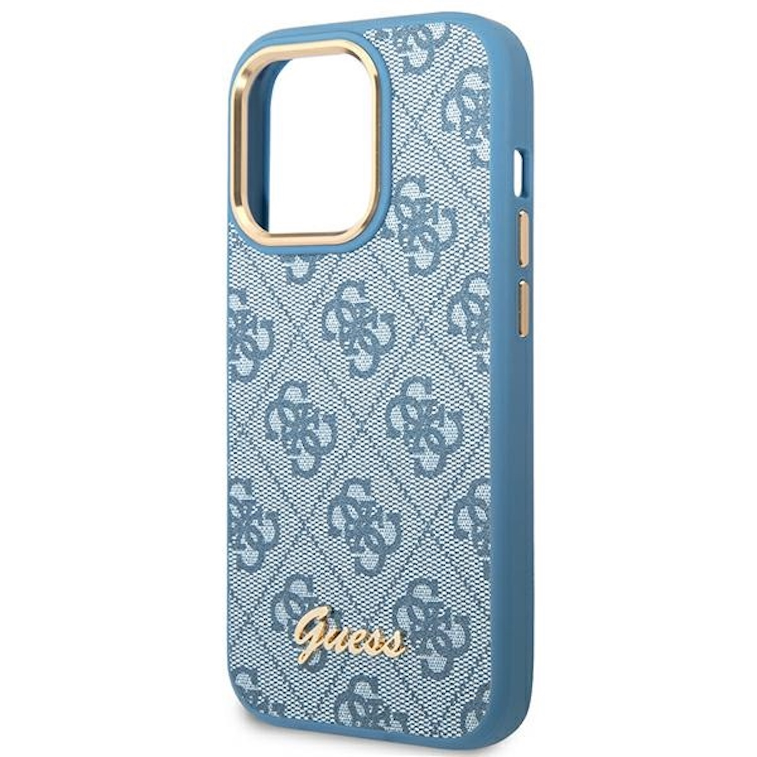 Custodia per telefono blu fantasia con logo Guess e dettagli dorati.
