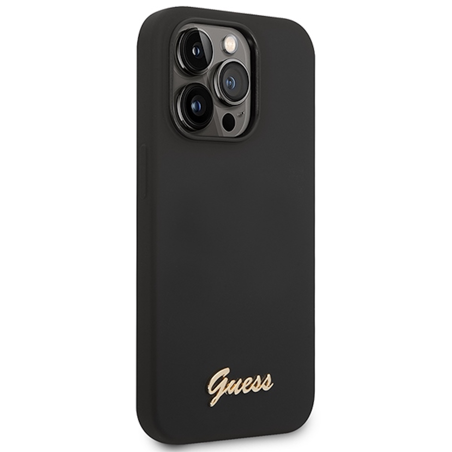 Custodia nera con scritta dorata 'Guess'. Fotocamere del telefono visibili. Sfondo bianco.