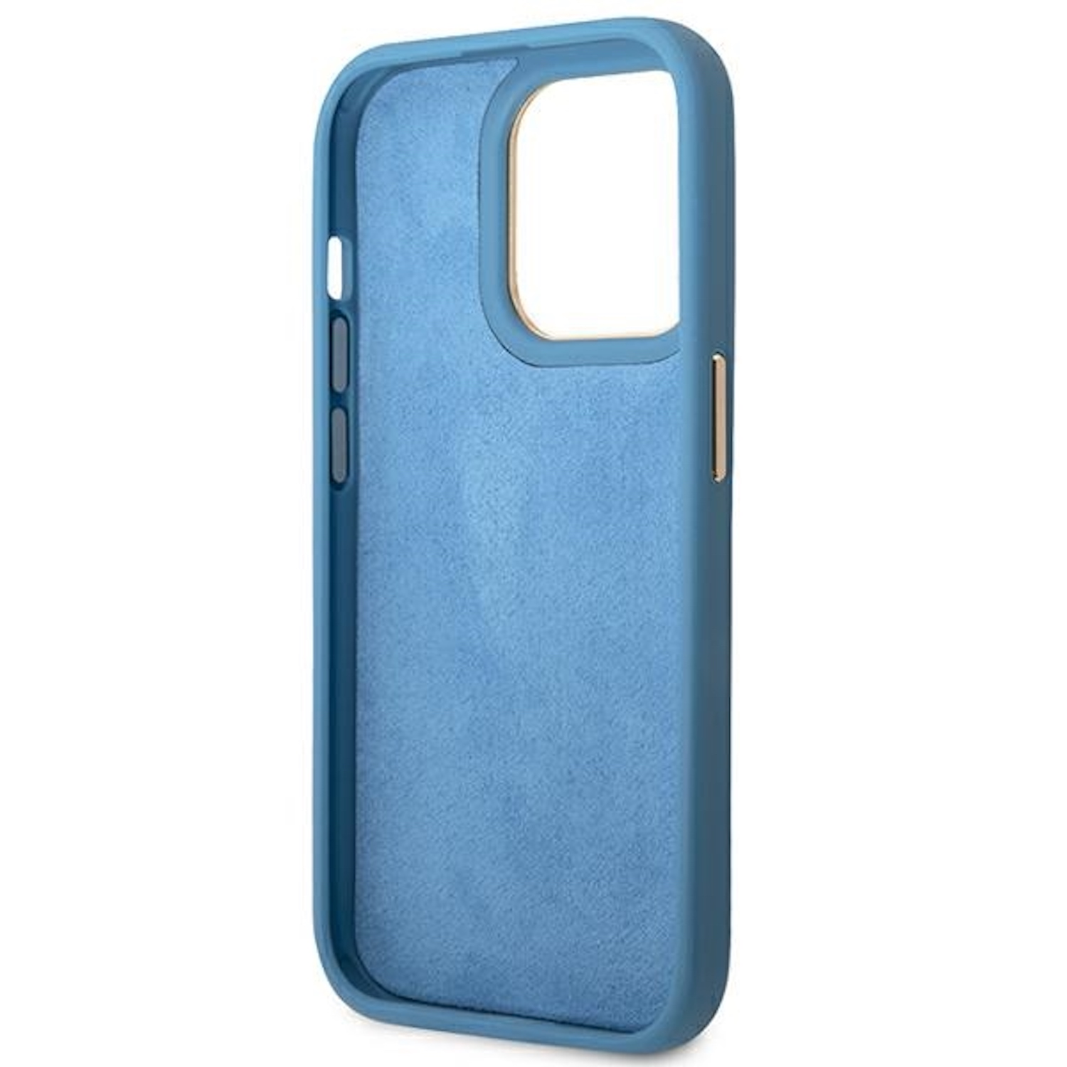 Custodia per telefono blu, interno blu, con foro per la fotocamera.