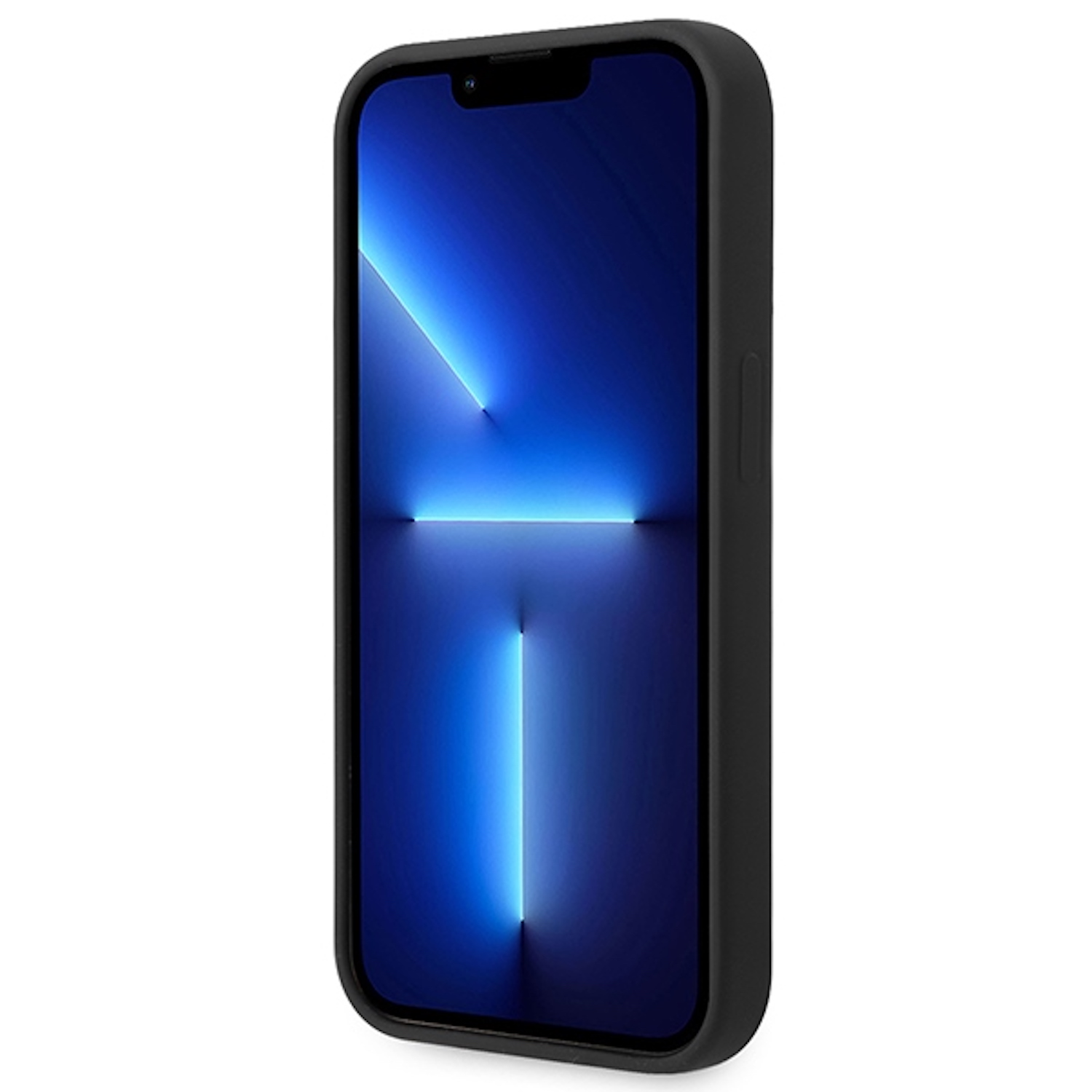 Telefono nero con sfondo blu brillante. Custodia nera. Sfondo bianco.