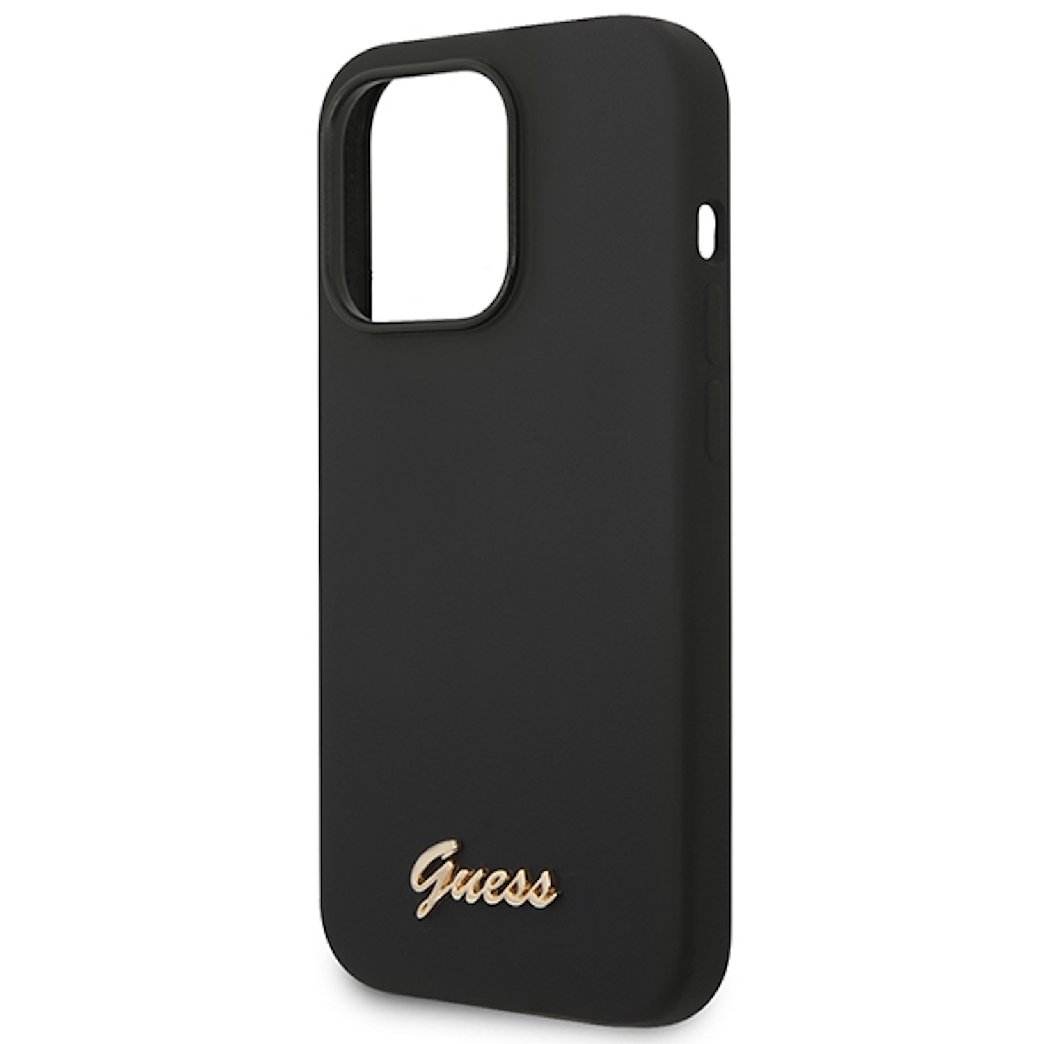 Custodia nera per telefono con logo Guess dorato. È su sfondo bianco.