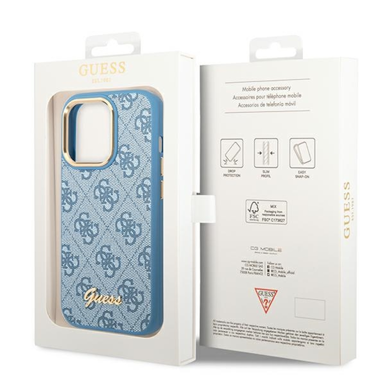 Custodia per telefono in una scatola. Custodia blu fantasia con scritta 'Guess'. Sfondo bianco.