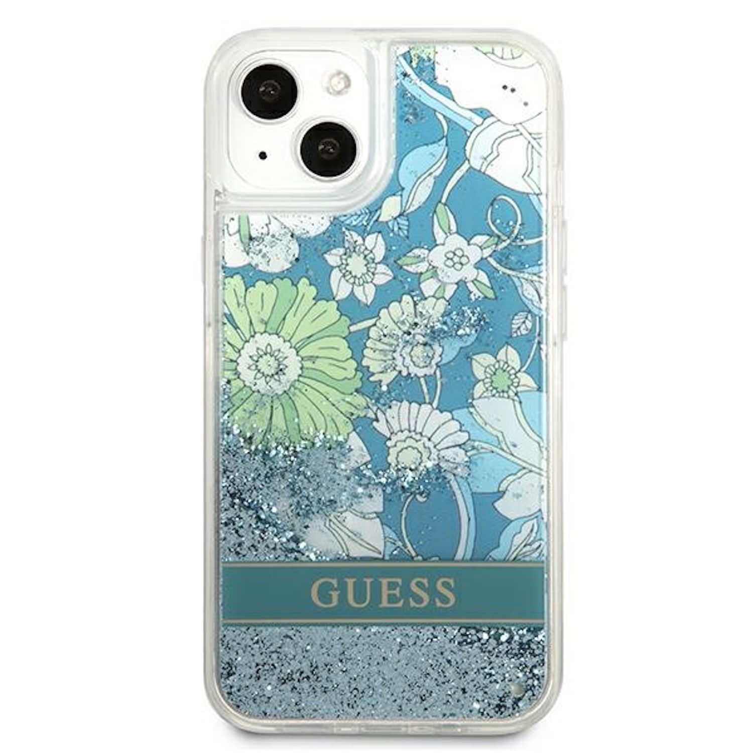 Custodia trasparente per telefono con design floreale e logo Guess. Sfondo bianco.