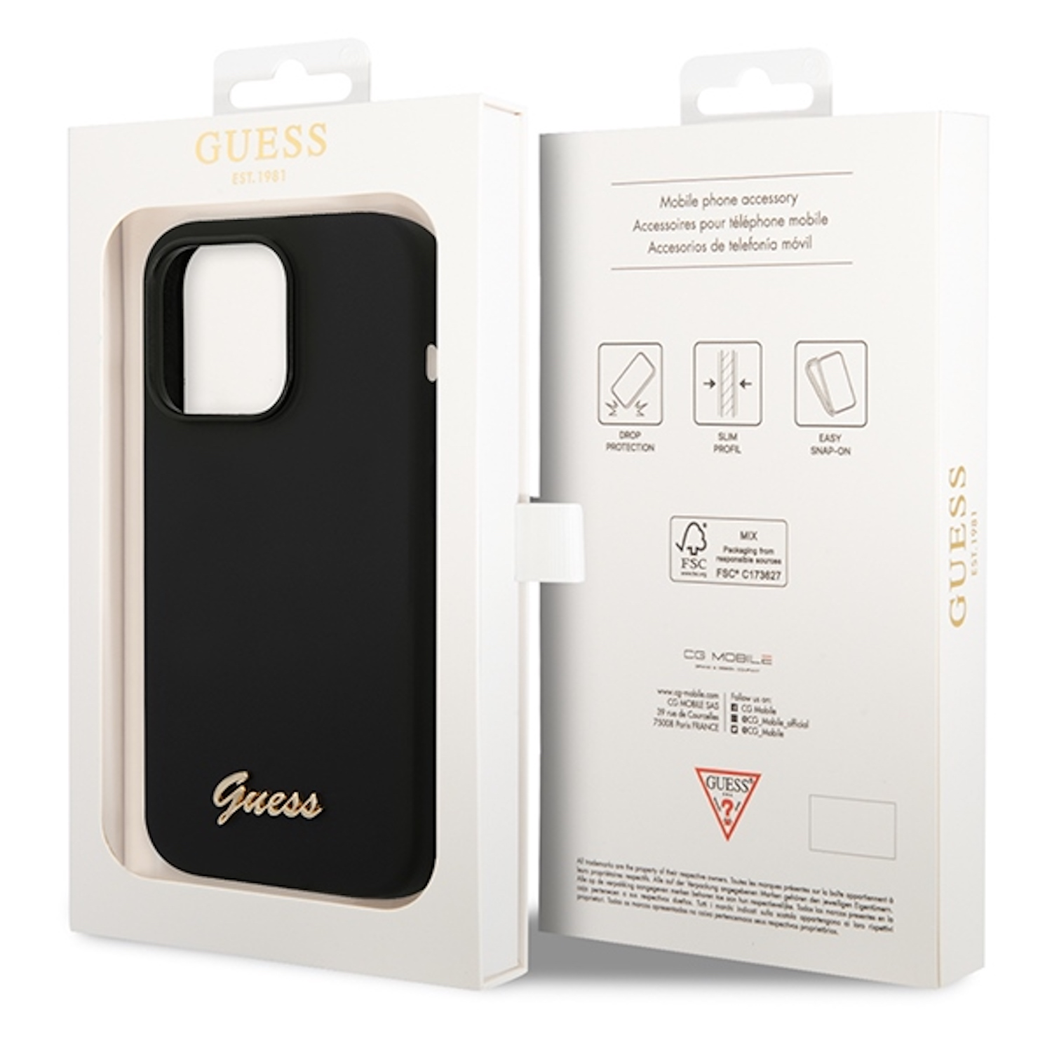 Custodia per telefono Guess in una scatola. Custodia nera con logo dorato. Sfondo bianco.