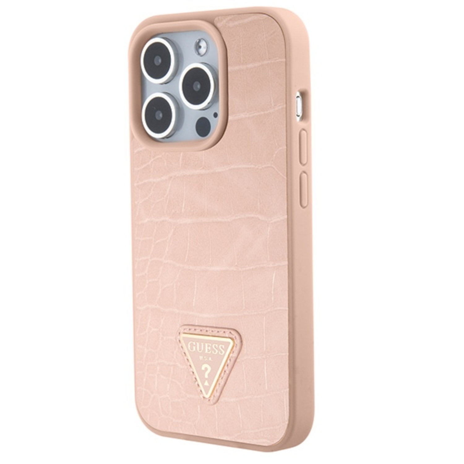 Custodia rosa per telefono con motivo coccodrillo e logo Guess. Sfondo bianco.