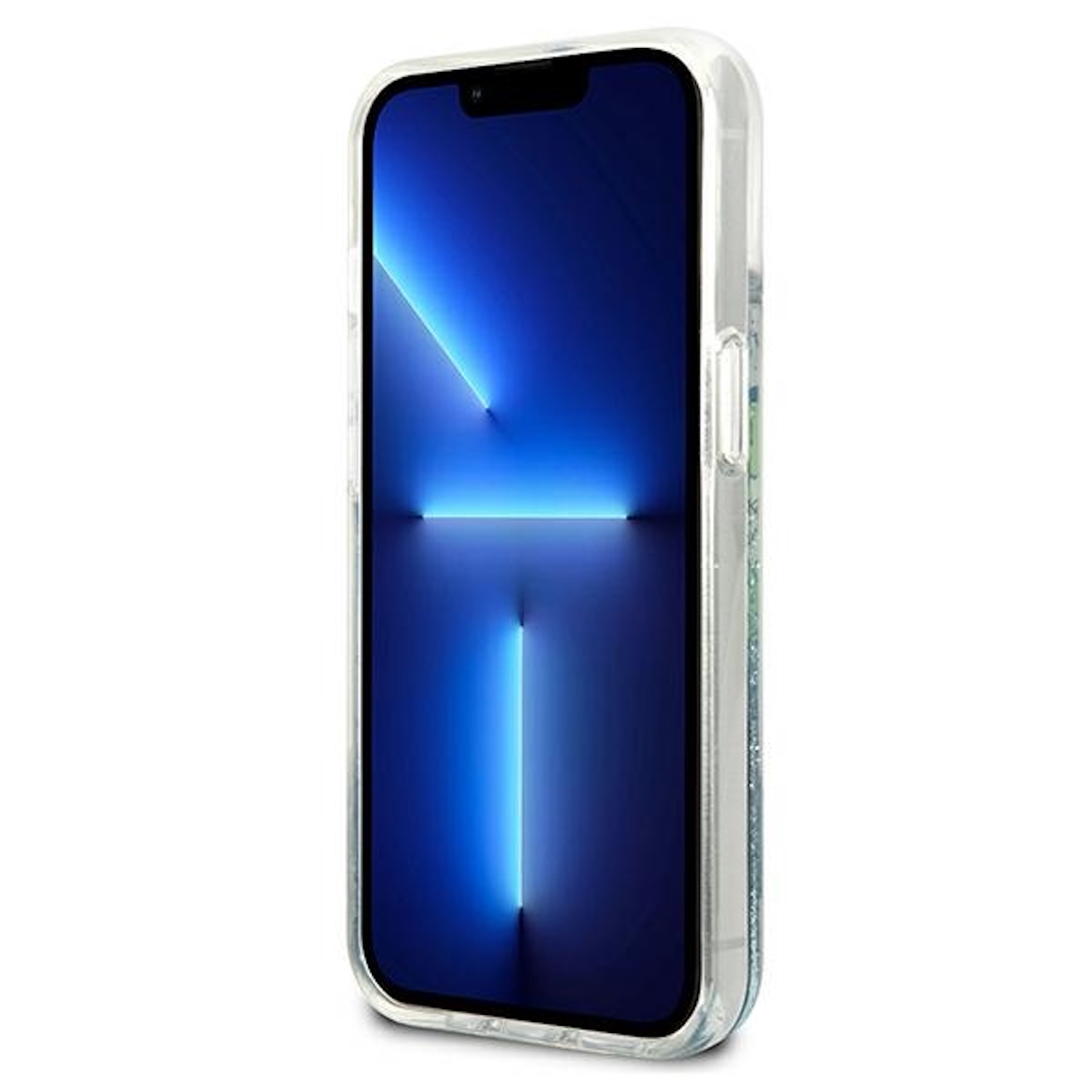 Telefono con uno sfondo blu brillante. Custodia trasparente. Sfondo bianco.