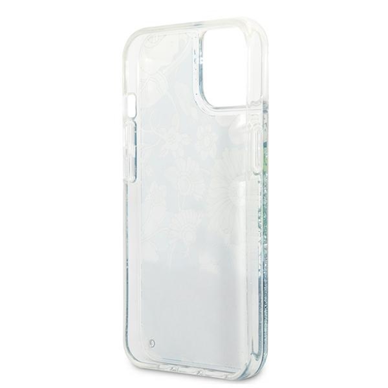 Custodia trasparente per telefono con design floreale. Sfondo bianco.