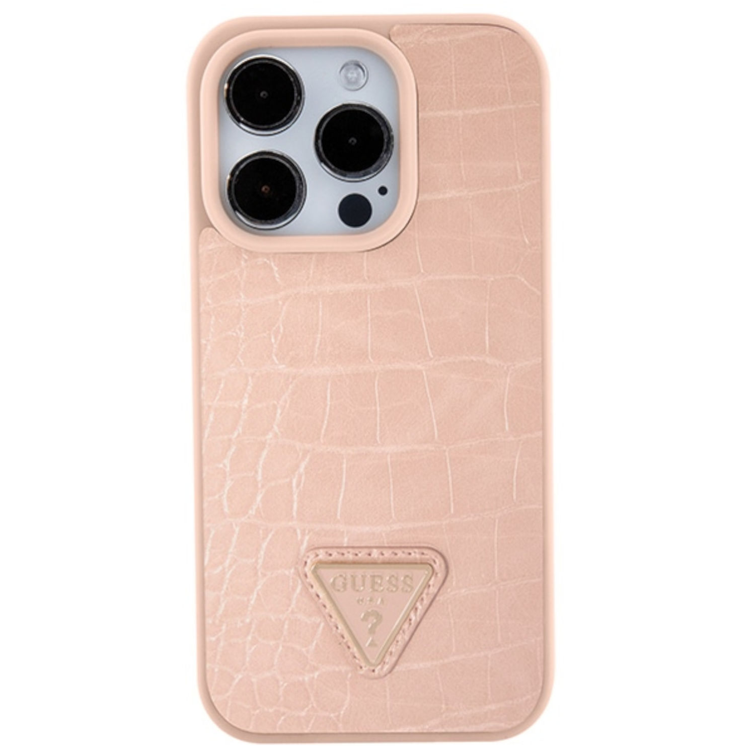 Custodia rosa con texture in rilievo e logo Guess.