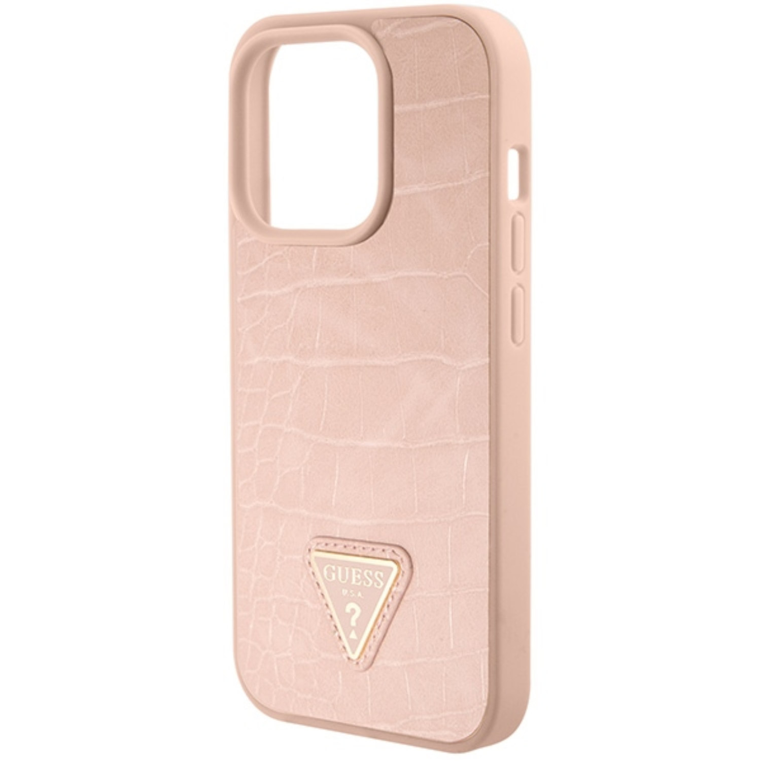 Custodia rosa con texture in rilievo e logo Guess.