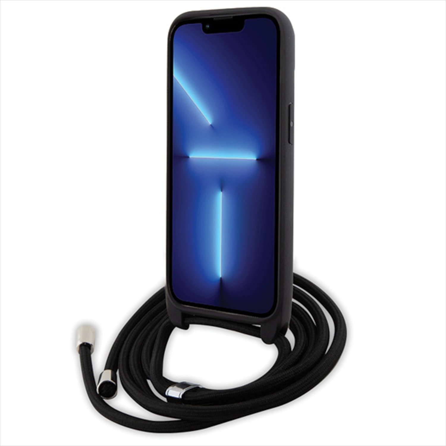 Czarne etui na telefon z niebieskim ekranem i czarnym paskiem.