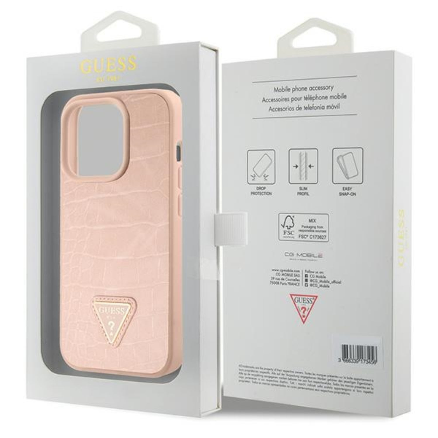 Custodia rosa per telefono in una scatola bianca. La custodia ha una texture a pelle di coccodrillo. Testo scatola: Accessorio per cellulare.