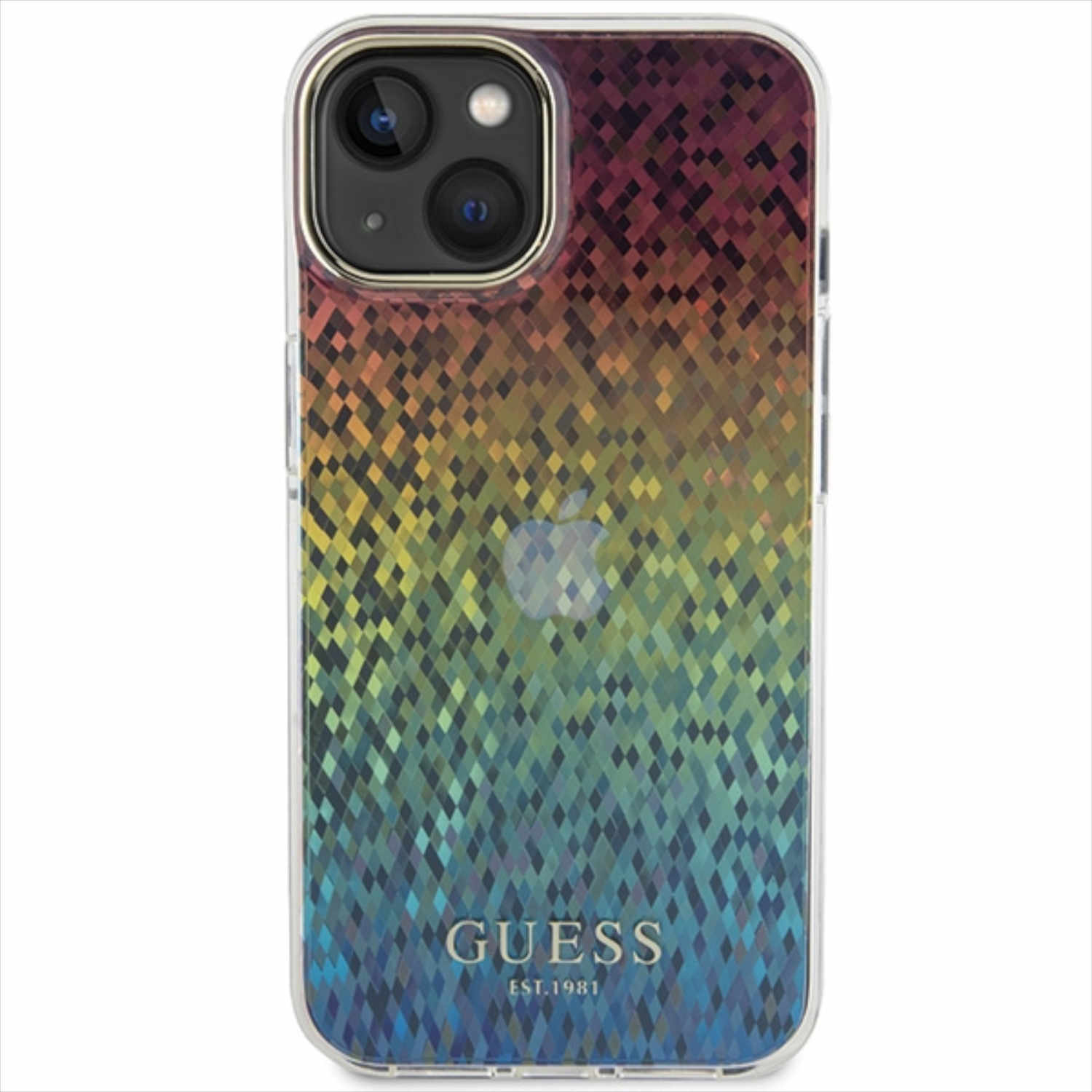 Custodia per telefono con design arcobaleno sfumato e logo Guess.
