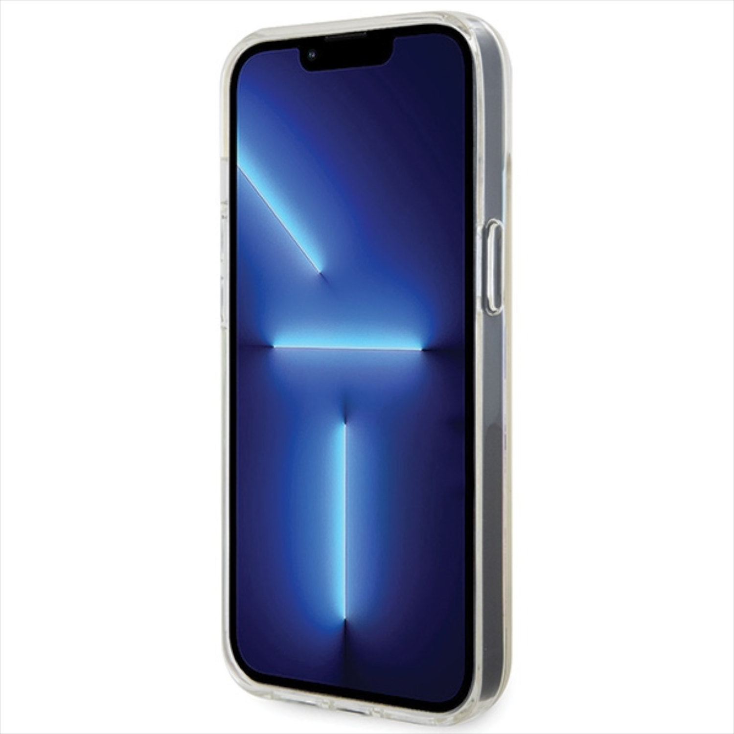 Un telefono che mostra uno schermo sfumato blu. Il telefono è in una custodia trasparente. Bordi neri.