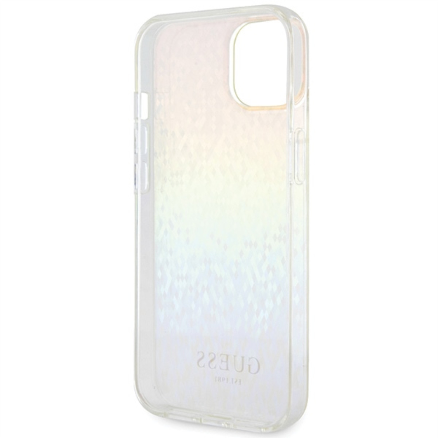 Custodia trasparente per telefono con effetto iridescente.