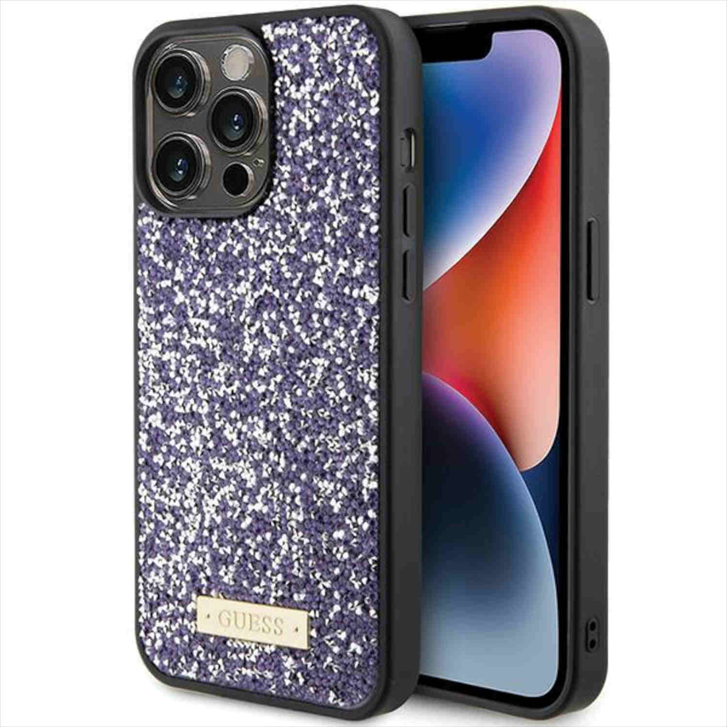 Custodia per telefono Guess con glitter viola con logo Guess in basso. Fotocamera del telefono visibile. Cornice nera.