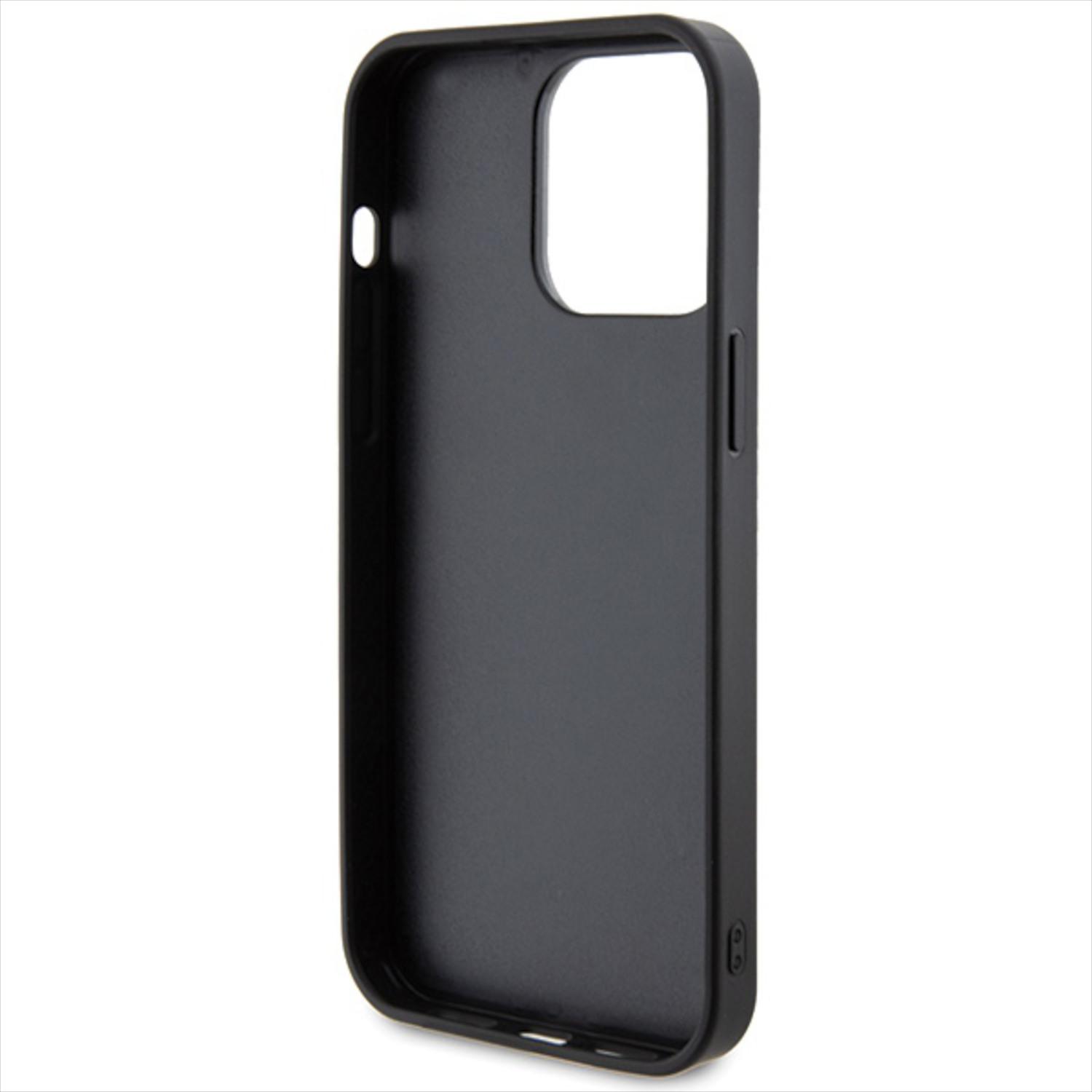 Una custodia per telefono nera senza telefono. La custodia presenta aperture per fotocamera e pulsanti. Colore nero.