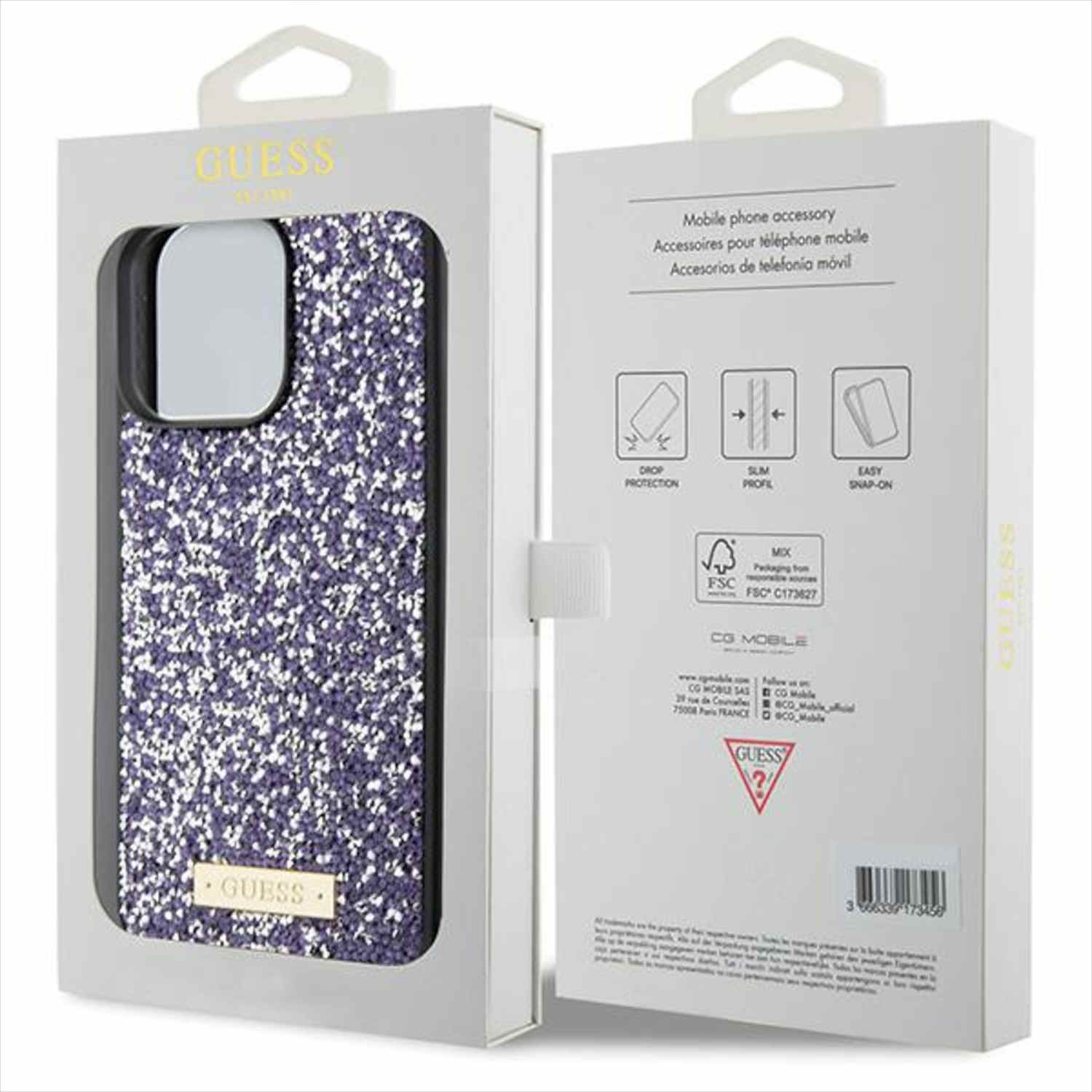 Custodia per telefono Guess con glitter viola in una scatola. La scatola include marchio e specifiche. Sfondo bianco.