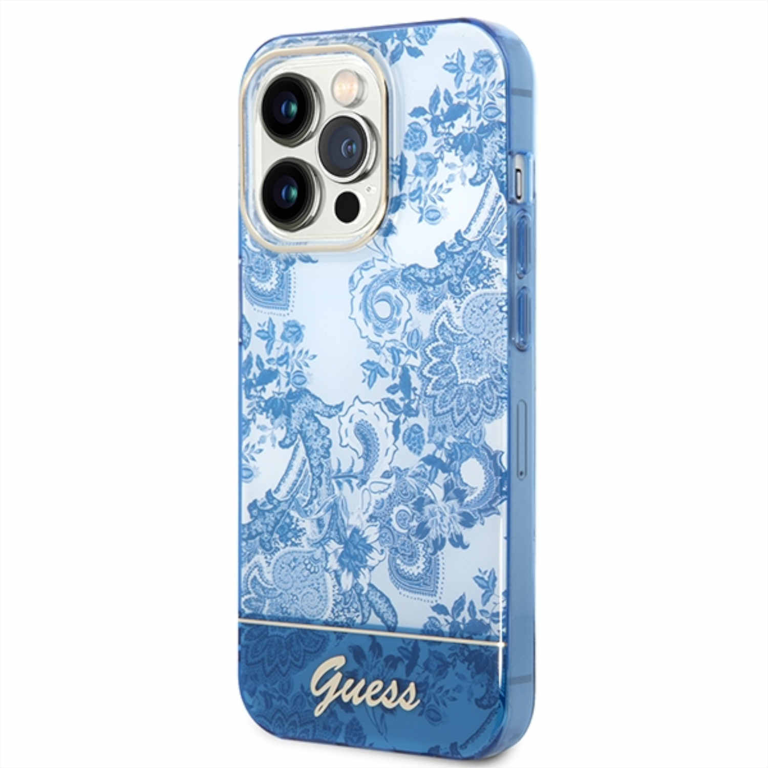 Transparente Handyhülle mit blauem Blumendesign und Guess-Logo, auf weißem Hintergrund.