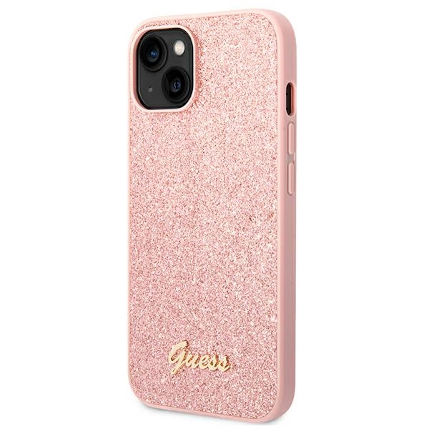 Custodia Guess rosa glitterata con logo dorato.
