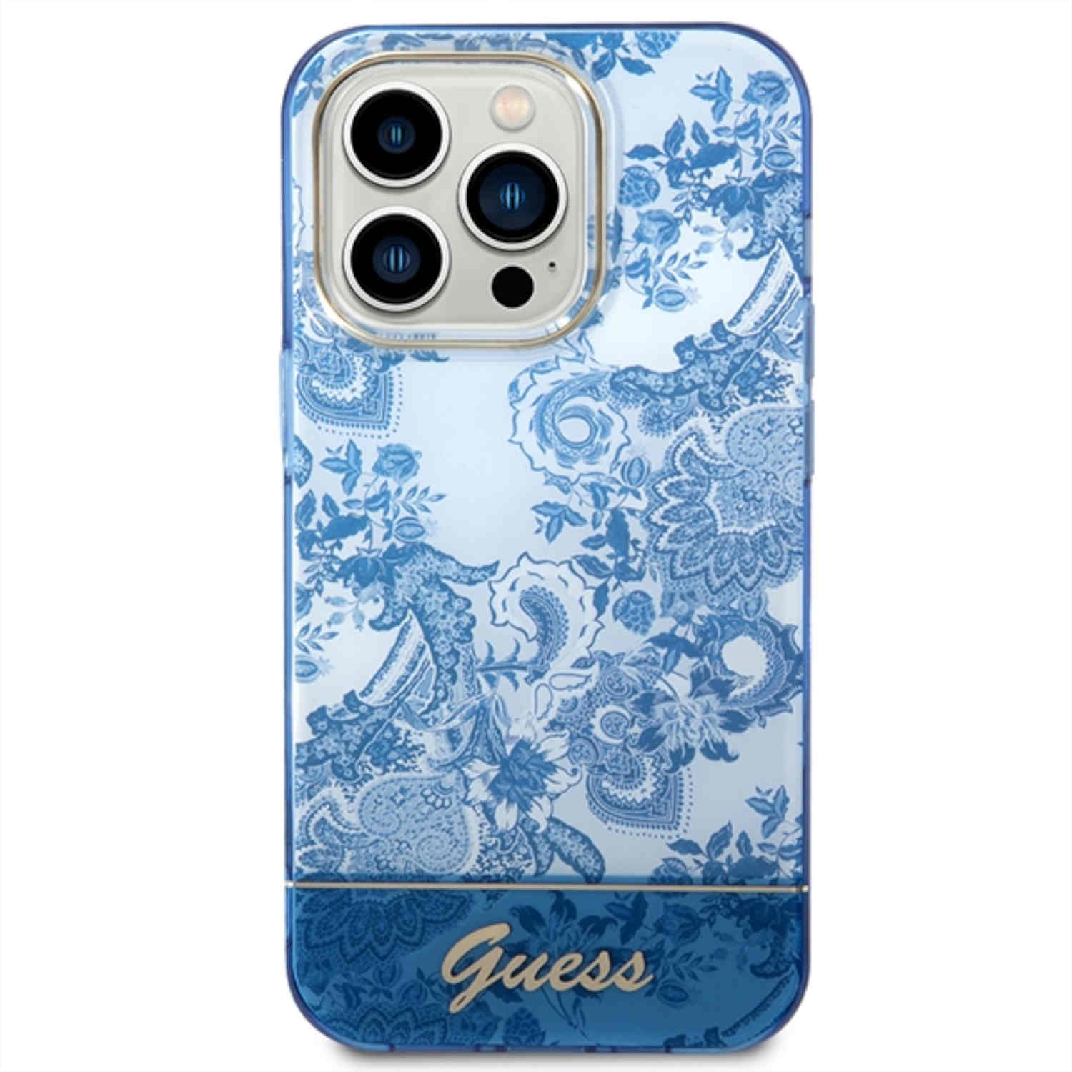 Blaue florale Guess-Handyhülle mit Telefon darin.