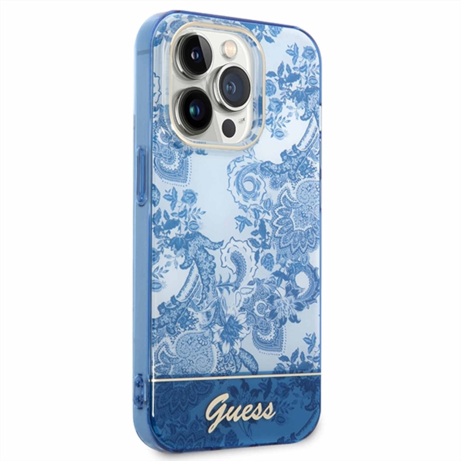 Blaue florale Guess-Handyhülle mit transparentem Design.