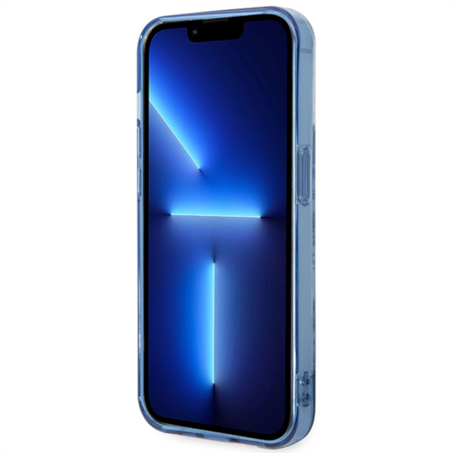 Blaue Handyhülle mit einem Telefon, das blaues Licht anzeigt.