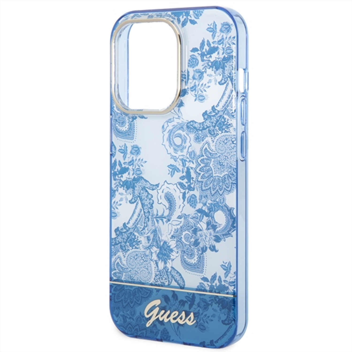 Blaues Handyhülle mit Blumenmuster. Transparente Seiten und Guess-Logo unten.