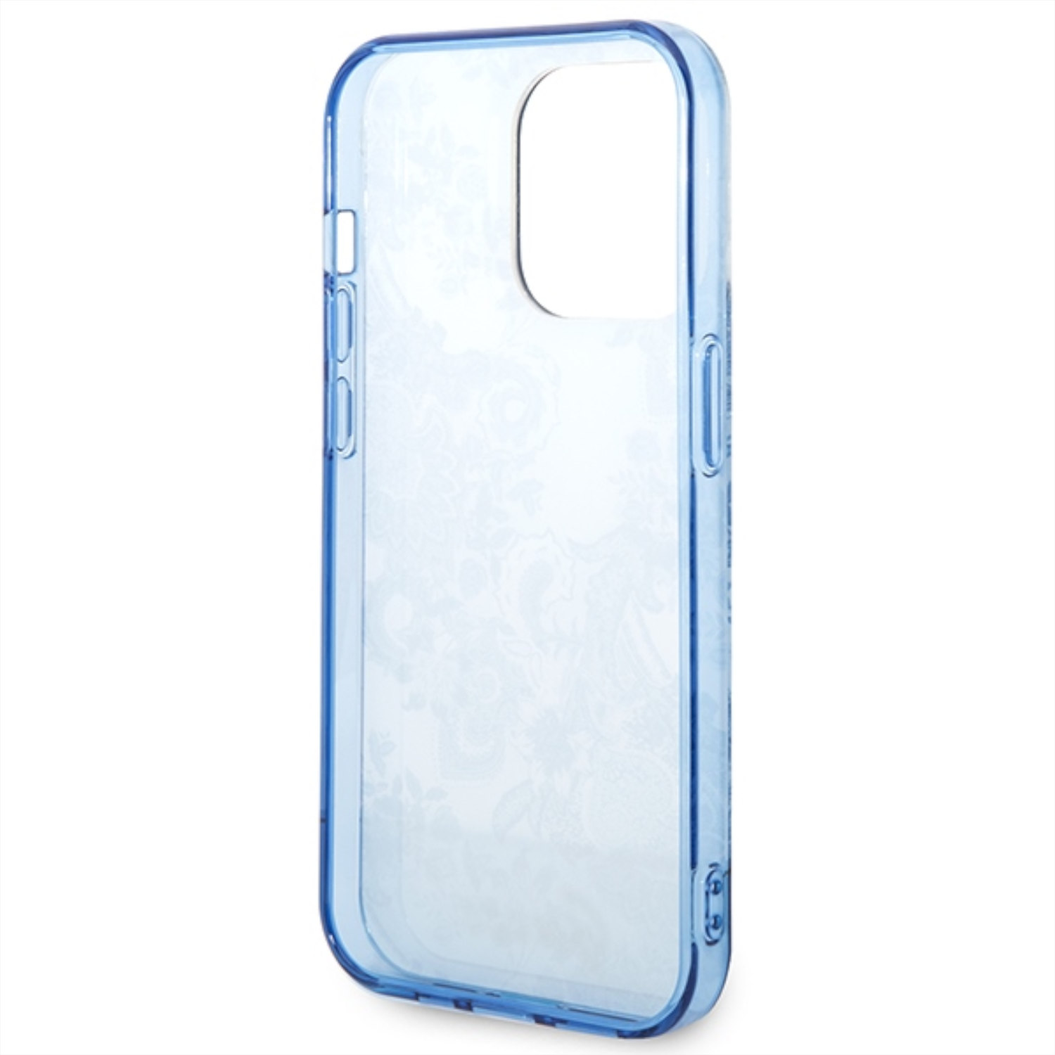 Blaue transparente florale Handyhülle mit Telefon darin.