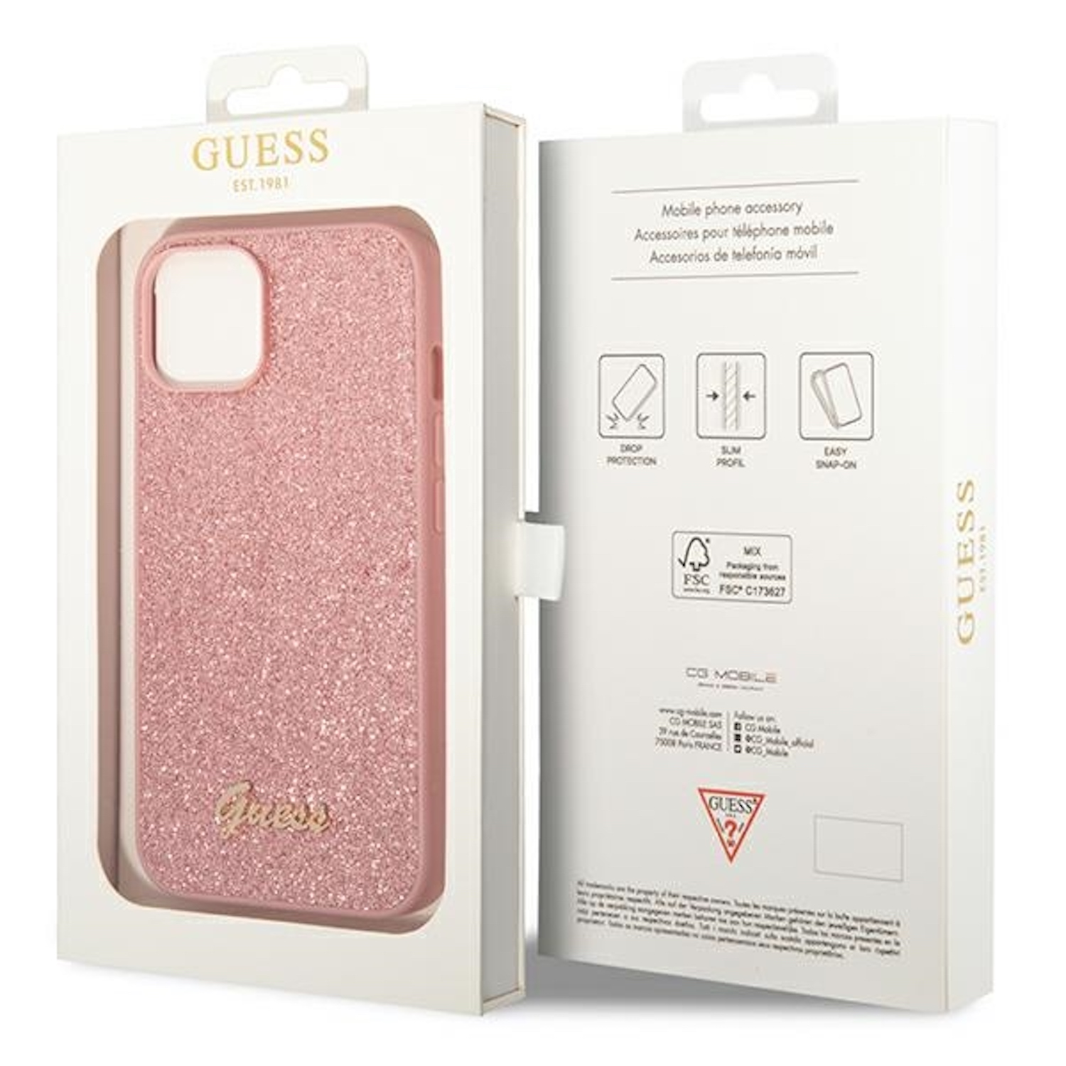 Custodia Guess rosa glitterata in una scatola con sfondo bianco.