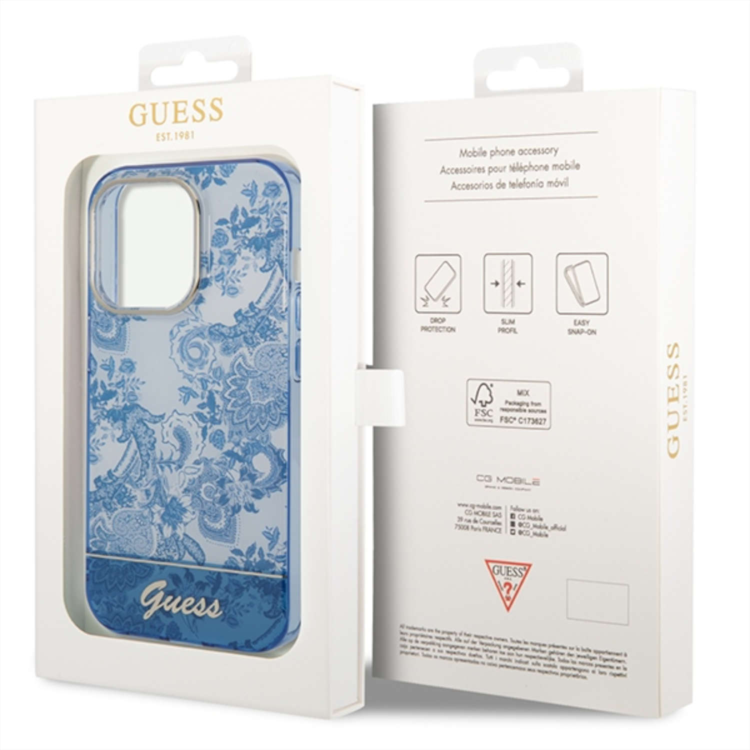 Blaue florale Guess-Handyhülle in einer Box mit weißem Hintergrund.