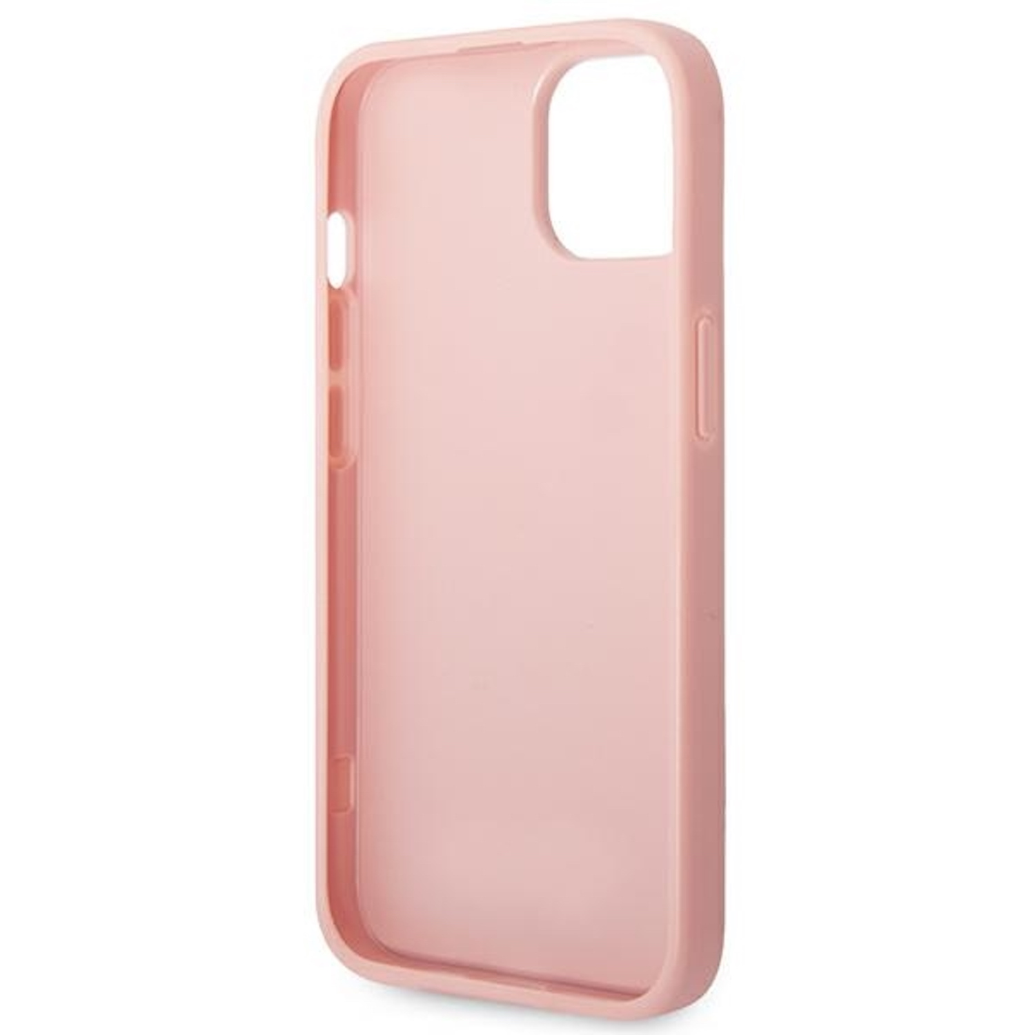 Custodia rosa per telefono. Ha aperture per fotocamera e pulsanti.