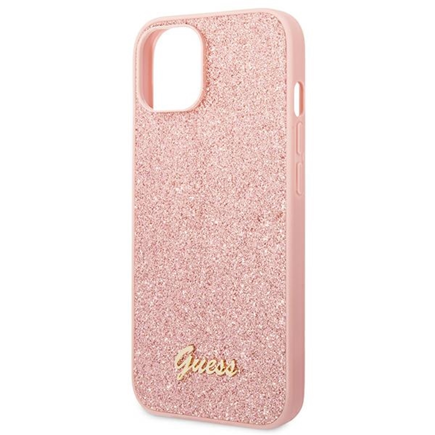 Custodia per telefono rosa glitterata. Logo Guess in basso.
